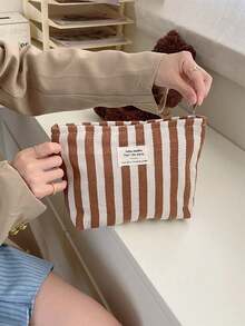 Fresh Striped Makeup Bag For Women, Large Capacity Portable Minimalist Handheld Toiletry Storage Bag - Brown - View 5