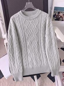 Women's Gray Cable Knit Pullover Sweater, Long Sleeve Ribbed Hem Knit Top, Comfortable Autumn/Winter Top - Grey - View 5