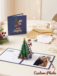 1pc Personalized Custom Photo 3D Christmas Card, Exclusive 3D Christmas Greeting Card, Customized Photo Card, Blue And Red, Christmas Exclusive Card Customization, Holiday Blessings, Paper 3D Greeting Card, Gift Card, 3D Christmas Tree, 3D Christmas Hat, Holiday Essential, For Family, Friends, Parents, Boyfriend/Girlfriend, Classmates, Teachers, Colleagues, Custom Blessing Message, Unique Photo 3D Greeting Card Customization - Sets - View 5