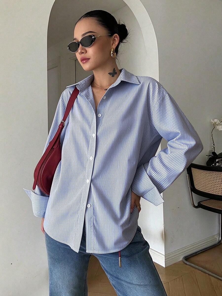Women's Fashion Versatile Blue Striped Casual Long Sleeve Shirt - Blue - View 1