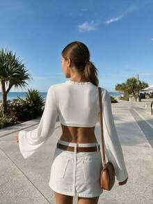 Women's White Ruffle Trim Deep V Neck Single Button Flared Long Sleeve Slim Fit Ultra Cropped Stretch Knit Top, Sexy Y2K Going Out Party Wear - White - View 5