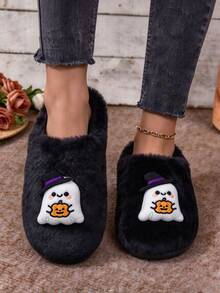 Women's Halloween Cute 3D Ghost & Pumpkin Decor Plush Slippers, Soft Warm Non-Slip Flat Indoor House Shoes - Black - View 7