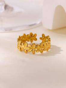 1 Pc Fashion Spliced Flower Open Ring For Women Gold Color Stainless Steel Geometric Ring Christmas Party Jewelry Gift - Gold - View 8