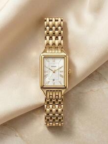 Jam Tangan Wanita Fossil ES5220 Quartz Bentuk Persegi Panjang, Gelang Stainless Steel Warna Emas, Dial Putih, Penanda Angka Romawi, Tampilan Tanggal, Tahan Air 3ATM - Emas - View 1