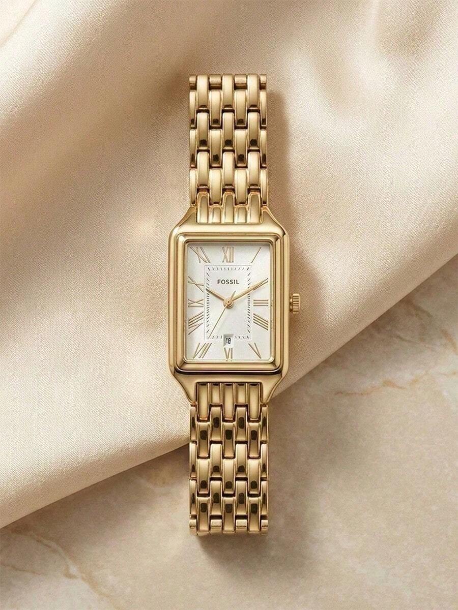 Jam Tangan Wanita Fossil ES5220 Quartz Bentuk Persegi Panjang, Gelang Stainless Steel Warna Emas, Dial Putih, Penanda Angka Romawi, Tampilan Tanggal, Tahan Air 3ATM - Emas - View 1