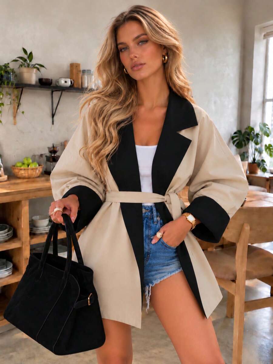 Elegant Women's Colorblock Raglan Sleeve Trench Coat, Long Raglan Sleeve And Fashionable Colorblock Collar, With Belt Design Perfect For Autumn/Winter Outfits. - Multicolor - View 1