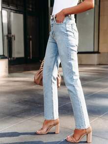 Light Blue Loose Elastic Straight-Leg Jeans, Women's Casual Vacation Denim Pants, Spring/Summer Fall - Light Blue - View 5