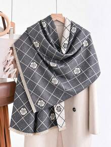 FADZOYLE 1pc Women Retro Camellia Grid Pattern Scarf, Two-Tone Large Shawl, Fringe Decor Warm Wrap Scarf For Winter Daily Outfit - Multicolor - View 11