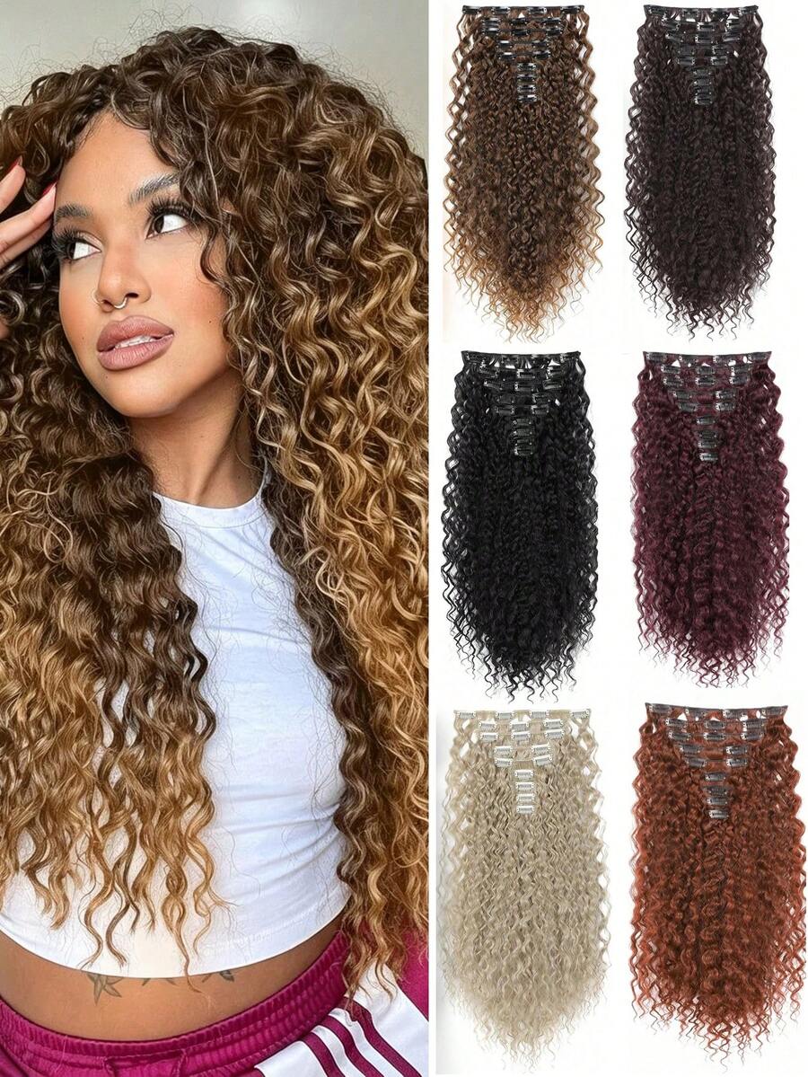 Brown Synthetic Fiber Curly Hair Clip-In Extensions, 9pcs Double Layer Full Head Heat-Resistant Synthetic Fiber Curly Hair Bundle Set, Halloween