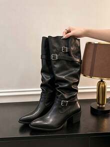 Women's Faux Leather Denim Boots, Pointed Toe Thick Heel Tall Boots, Multi-Metal Buckle Decor Pleated Western Boots, Vintage Autumn/Winter Fashion Dress Boots - Black - View 4