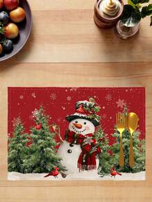 2/4/6Pcs Christmas Snowman Placemat, Red Background Snowman With Cardinal Birds & Pine Trees, Winter Holiday Table Decoration For Xmas Dinner - Red - View 6