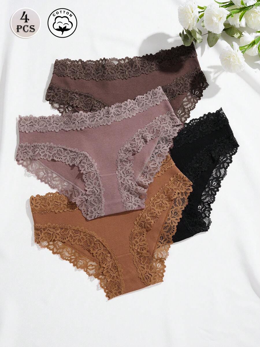 4件組女款簡約舒適蕾絲拼接羅紋三角內褲 - 彩色 - 查看 1