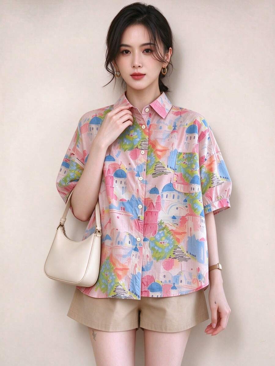 YUXIN Spring/Summer Bestselling Women's Colorful Castle Print Short Sleeve Shirt, Loose Fit With Collar, Breathable And Comfortable Red