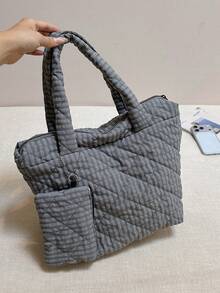 Fashion Padded Tote Bag With Coin Purse, Student Backpack, Commuter Bag, School Bag, Shopping Bag, Quilted Shoulder Bag - Multicolor - View 12