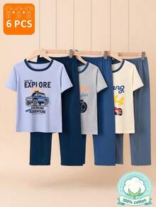 6pcs/Set Boys' Short Sleeve Pants Pajama Set, Lightweight Sleepwear Suit For Summer - Multicolor - View 1