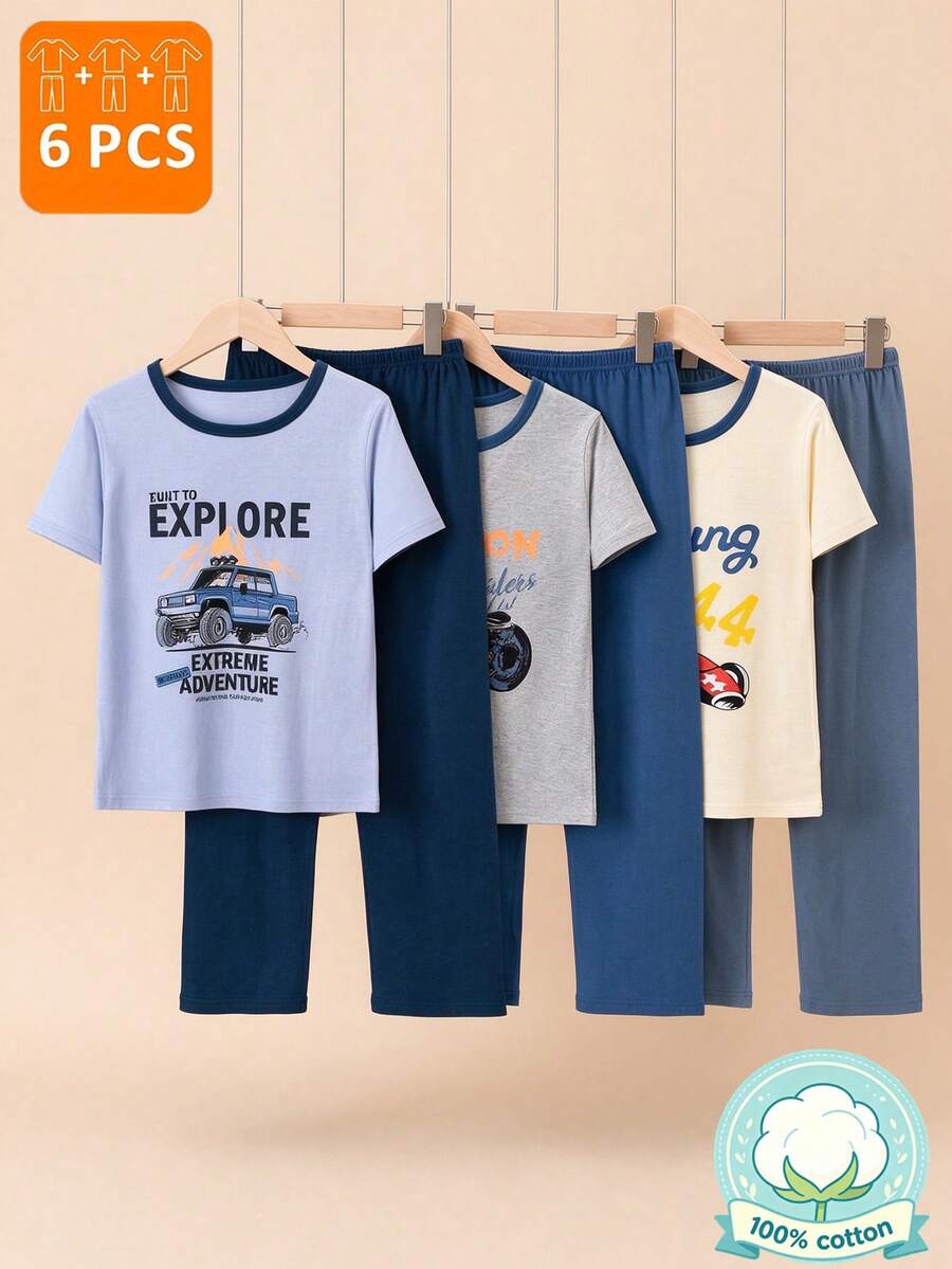 6pcs/Set Boys' Short Sleeve Pants Pajama Set, Lightweight Sleepwear Suit For Summer - Multicolor - View 1
