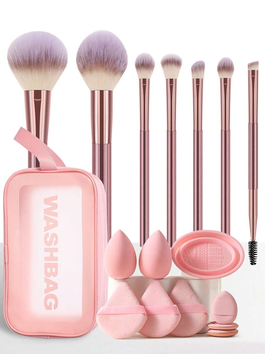 17 Pcs Makeup Tool Set, 7 Pink Makeup Brushes, 9 Pcs Beauty Accessories And 1 Pink Storage Bag. The Portable Storage Bag Is Easy To Carry For Travel. Diverse Tools Cover Powder, Blush And Foundation To Meet Multiple Makeup Needs. - Multicolor - View 1