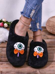 Women's Halloween Cute 3D Eyes & Bow Decor Plush Slippers, Soft Warm Non-Slip Flat Indoor House Shoes, Slip-On Design, Easy To Put On And Take Off - Black - View 4