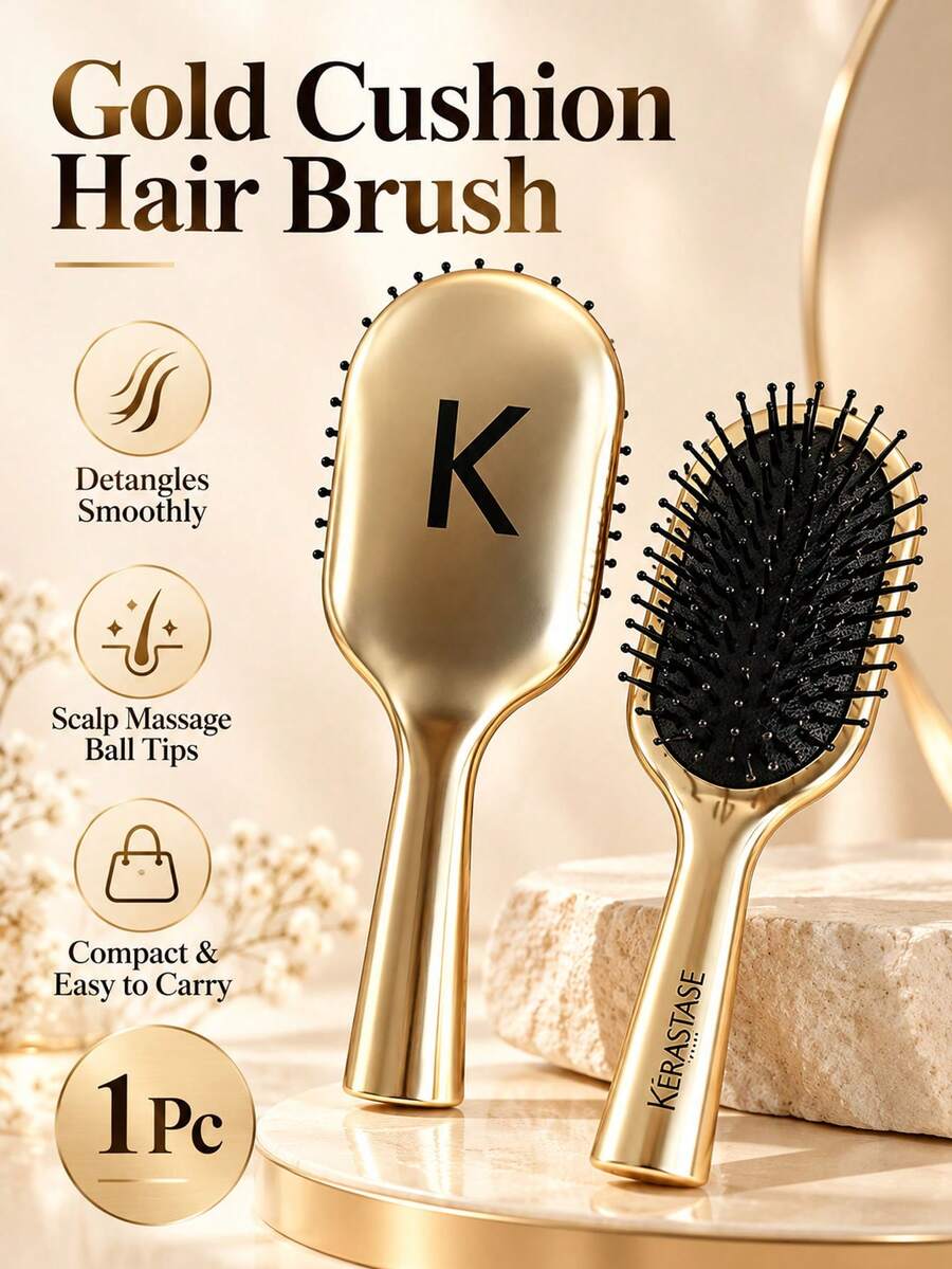 Kérastase Gold-Rimmed Air Cushion Massage Hairbrush, Anti-Static Soft Ball Bristle Detangling Comb 1pc, Reduces Split Ends, Scalp Relaxing Styling Tool, Suitable For Wet And Dry Hair - Gold - View 1