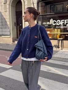 Women's Round Neck Front Button Knit Cardigan, Loose Long Sleeve Layering Top, Suitable For Christmas, Halloween, Thanksgiving - Navy Blue - View 2