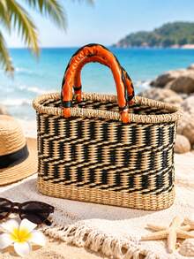 Boho Straw Bag For Women, Handmade Woven Tote Bag With Handle, Summer Beach Shoulder Bag, Travel Shopping Bag - View 1