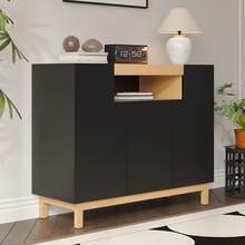 Sideboard Made Of Wood With Storage With Shelves With Doors Black For Living Room And Dining Room - Black - View 8