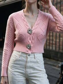 Áo cardigan ngắn nữ màu hồng cổ chữ V, dệt vặn thừng họa tiết trái tim jacquard, đính cúc đá, tay dài dáng ôm, áo len dệt kiểu ngọt ngào - Hồng - Xem 4
