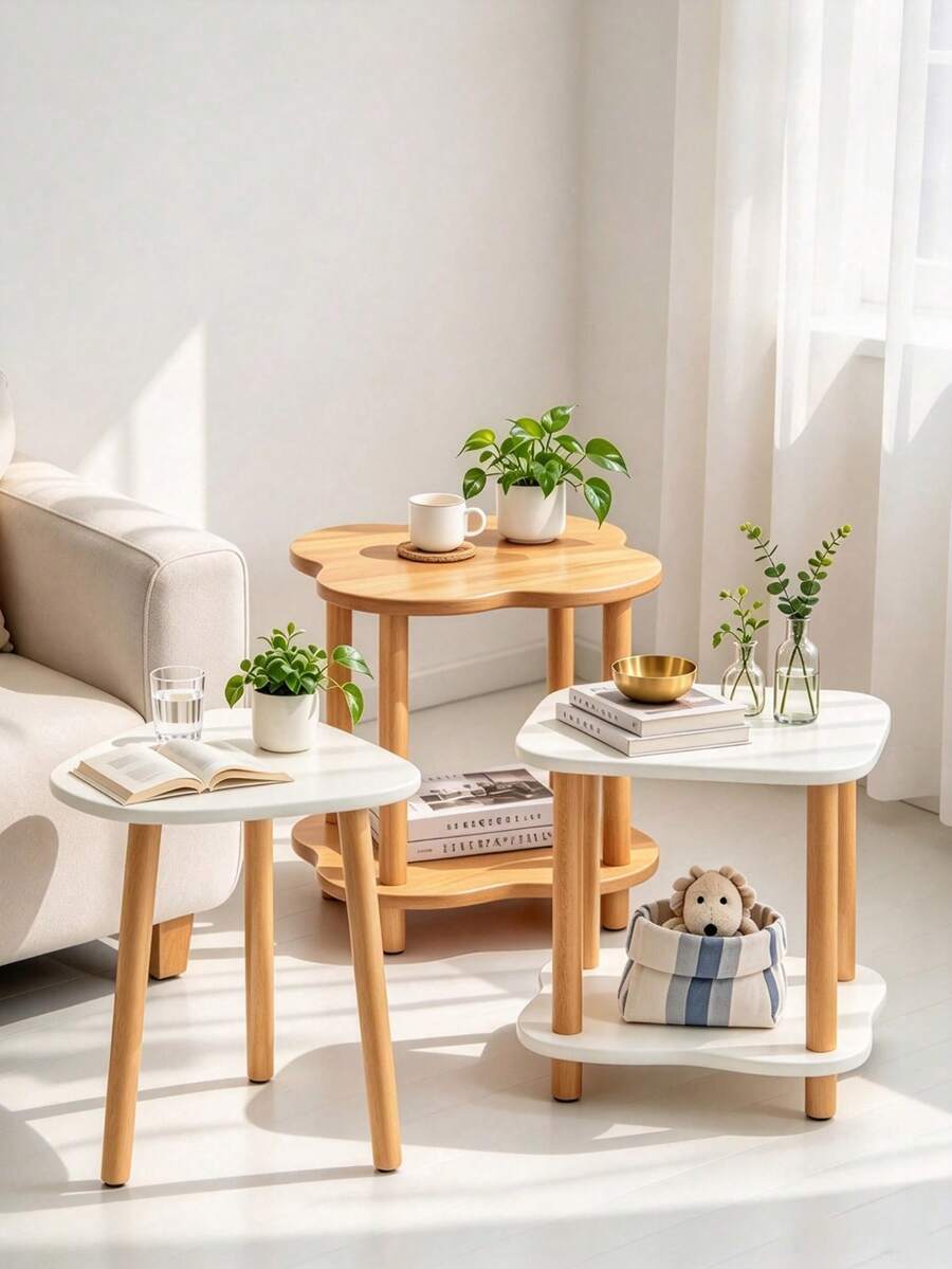1pc Minimalist Side Table, White Tabletop With Natural Wood Solid Legs, Small Square Corner Table, Storage Side Table Beside Sofa, Suitable For Placing Sundries And Decorations In Bedrooms & Small Apartments. Tavolino Salotto Tavolino - Multicolor - View 1