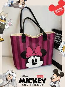 Miniso Tas Tote Kanvas Disney Minnie Mouse dengan Motif Garis Vertikal Merah Marun, Tas Bahu dengan Pegangan Hitam untuk Penggunaan Sehari-hari - Hitam - View 2