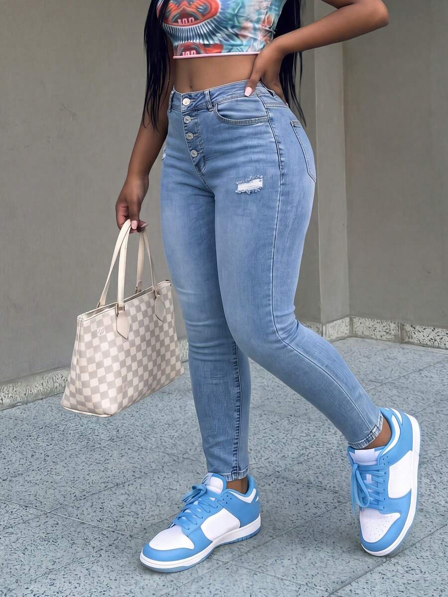 Plus Size Women's Sexy Skinny Jeans, Light Wash Denim Fabric, Button Fly And Distressed Design, Suitable For Casual Daily Wear