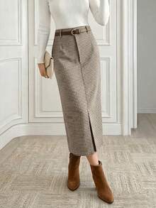 Women's Autumn/Winter Bird Plaid Front Zipper Design Front Slit Elegant Casual Slim Fit Straight Skirt - Coffee White - View 3