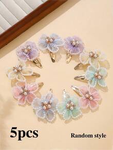 5PCS/Set Flower Pearl Hair Clips, Soft Chiffon Bangs Hair Clips, Cute Mixed Color Mesh Pearl Flower Side Clips Girls Hair Accessories Hair Clip Set - Multicolor - View 6