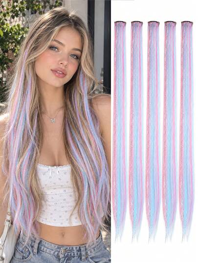 Shiny Clip-In Long Straight Hair Extensions Featuring A Stylish Pink-And-Blue Blend; Suitable For Holiday Parties, Cosplay, And Everyday Wear.