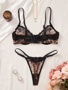Halloween Women's Leopard Print Lace Patchwork Underwire Bra & Thong 2 Pieces Lingerie Set - Sexy Classic Animal Print, Comfortable Mesh Body-Hugging Underwear - Brown - View 2