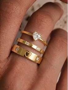 3pcs Heart Stainless Steel Ring Set, Heart Main Stone Thin Ring, Rhinestone Flat Ring, Embossed Heart Wide Ring, 18K Gold Plated, Hypoallergenic, Fade-Resistant, Stackable Hand Jewelry, Party Accessory - Gold - View 2