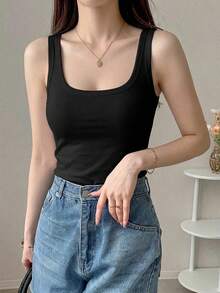 DAZY 女款純色方領修身休閒百搭背心 Y2K 風格 - 白色 - 查看 6