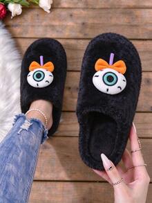 Women's Halloween Cute 3D Eyes & Bow Decor Plush Slippers, Soft Warm Non-Slip Flat Indoor House Shoes, Slip-On Design, Easy To Put On And Take Off - Black - View 8