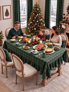 Roman Style Christmas Plaid Ruffle Edge Rectangular Tablecloth, Green Tartan Plaid Christmas Tablecloth, Merry Christmas Holiday Table Decor, Farmhouse Style Christmas Decoration, Winter Holiday Party, Christmas Dinner, Holiday Home Decor - Christmas Green Plaid - View 8
