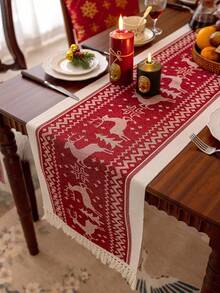 1pc Red Christmas Reindeer Theme Table Runner, Red Floral Pattern Long Fabric Decor, Suitable For Dining Table, Coffee Table, Tea Table, Console Table, Christmas New Year Party Tabletop Decoration - Red - View 12