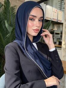 1PC Women's Solid Color Beaded Lace Trim Scarf, Lightweight Versatile Breathable Skin-Friendly Scarf, Soft Drape Elegant, Suitable For Daily Wear - Navy Blue - Beaded Trim - View 2