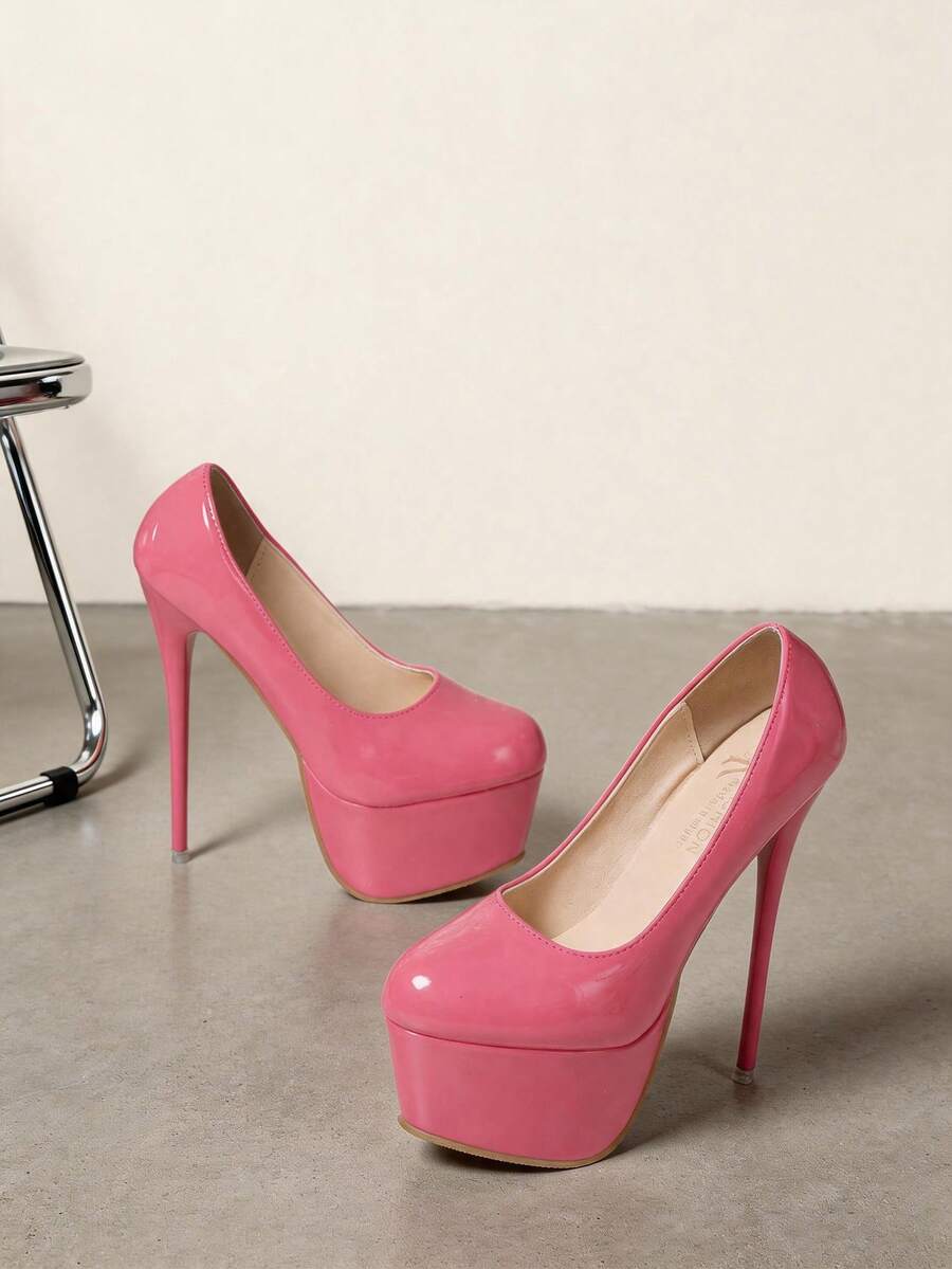 Women's Hot Pink Slip On Stiletto Pumps, Round Toe Patent Evening Dress Super High Heels