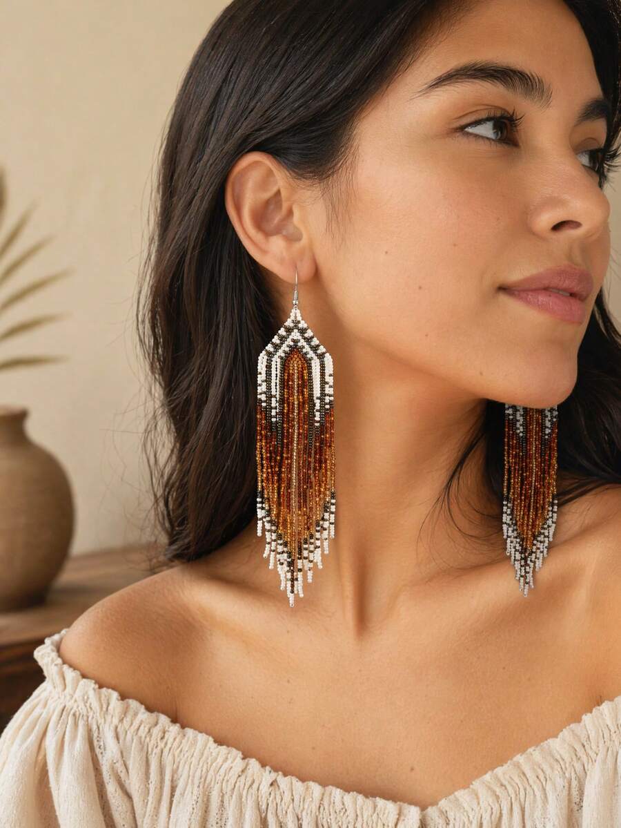 SOUL BEADING Bohemian Style Earrings, Desert Sunset Gradient Feather Tassel Long Dangle Earrings, Western Festival Costume Accessory - Caramel Color - View 1