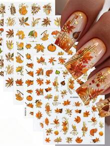 6 Buah Stiker Kuku 3D Musim Gugur, Stiker Kuku Daun Maple Musim Gugur, Hiasan Kuku Perekat Diri Daun Garis Logam Emas, Aksesoris Dekorasi Manikur Musim Gugur dan Thanksgiving untuk Desain Kuku DIY - MultiWarna - View 2