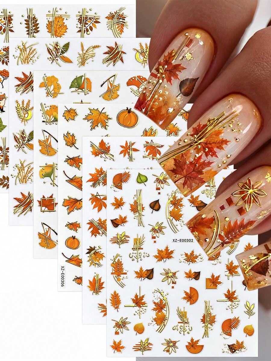 6 Buah Stiker Kuku 3D Musim Gugur, Stiker Kuku Daun Maple Musim Gugur, Hiasan Kuku Perekat Diri Daun Garis Logam Emas, Aksesoris Dekorasi Manikur Musim Gugur dan Thanksgiving untuk Desain Kuku DIY