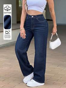 High-Waist High-Street Elegant Wide-Leg Denim Jeans For Women, All-Season New Casual Versatile Drapey Floor-Length Pants - Dark Wash - View 5