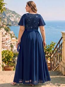 Plus Size V-Neck Sequin Floral Lace Patchwork Chiffon Butterfly Sleeve Ruffle Layered Hem Formal Evening Long Dress - Navy Blue - View 2