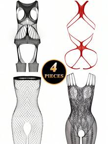 4pcs Set: Women's Sexy Bodysuits, Stockings And Lace Bodysuits - Black - View 2
