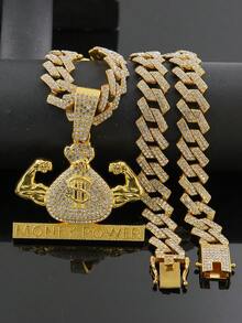1pc European & American Hip Hop MONEY POWER Muscle Money Bag Pendant Necklace, Dollar Sign Full Rhinestone Cuban Chain Men's Jewelry, Polished Wear-Resistant, Street Rap Party Personalized Accessory - Money Power Pendant Necklace - View 18