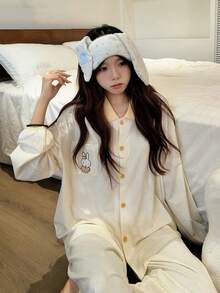 Gongdie 2pcs Miffy Women Pajama Set, Autumn White Polka Dot Soft Modal Cotton Loungewear, Contrast Collar And Pocket Design - Beige - View 1