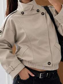 Women's Solid Color Casual Versatile Daily Wear Long Sleeve Jacket - Khaki - View 5